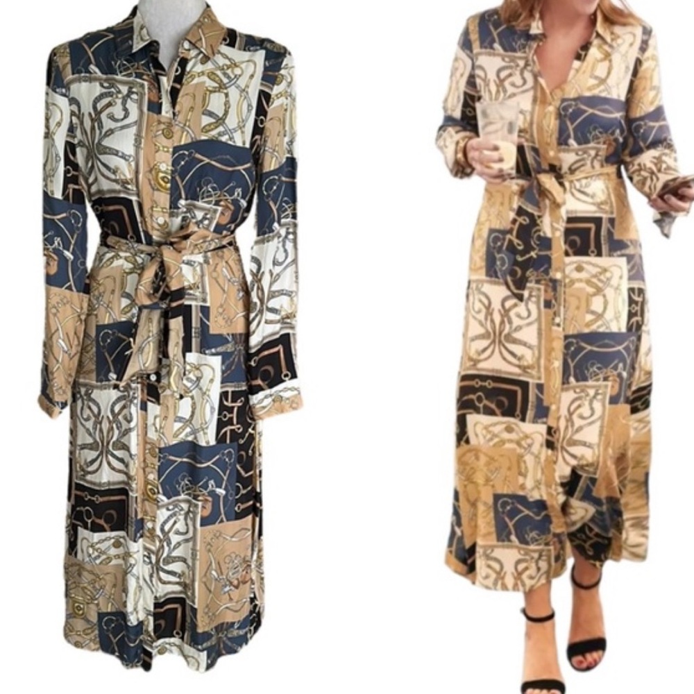 J McLaughlin equestrian print shirt dress Mallory black gold sz S silk blend tie